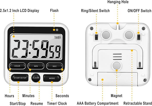 Digital Kitchen Timer with Silent/Loud Alarm ON/OFF Switch, ZQKLA