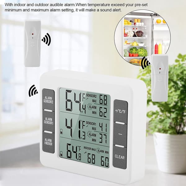 Digital kjøleskap- og frysetermometer med alarm og trådløs sensor
