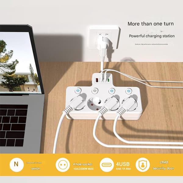 1-til-3 Multi-stikadapter med USB-C og afbryder, kompakt stikkontaktforlænger til hjemmekontoret style 2