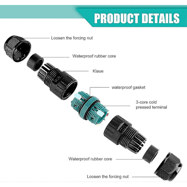 4 kpl IP68 vedenkestäviä sähköliittimiä - 3-napainen vedenkestävä liitin 5-12 mm:n kaapeleille, ulkokäyttöön sopiva vedenkestävä liitäntälaatikko