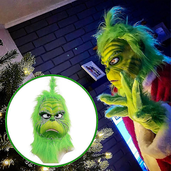 Julemanden Grinch Fuldt Hoved Latex Maske Julehat Monster Voksen Hånd The Grinch  Christmas Mask C