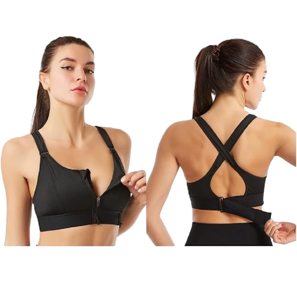 Højtydende sports-bh til kvinder, lynlås foran, justerbar SORT{hh} BLACK 4XL