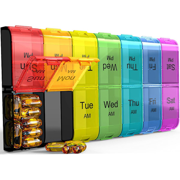 Extra Stor Pillerorganisatör 2 Gånger Om Dagen, Veckovis XL AM PM Pillerfodral, 7 Dagars Pillerbox Två Gånger Om Dagen (Regnbåge)