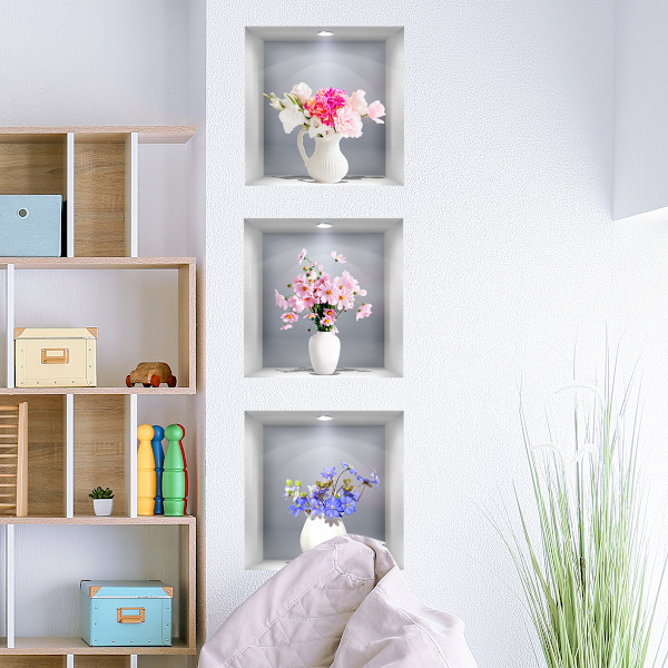 3D-effekt veggklistremerke blomster i vase veggdekorasjon