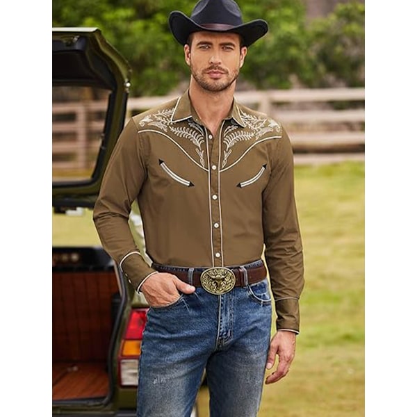 Cowboy skjorte til mænd, afslappet langærmet skjorte med knapper, brun{HH} brown L