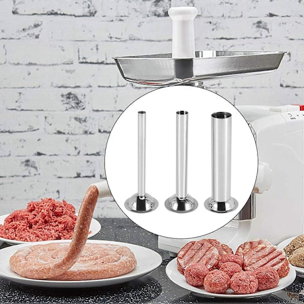 3 stk. Pølsehorn i rustfrit stål, påfyldningstragte, dyser, reservedele, påfyldningsrør, base Di