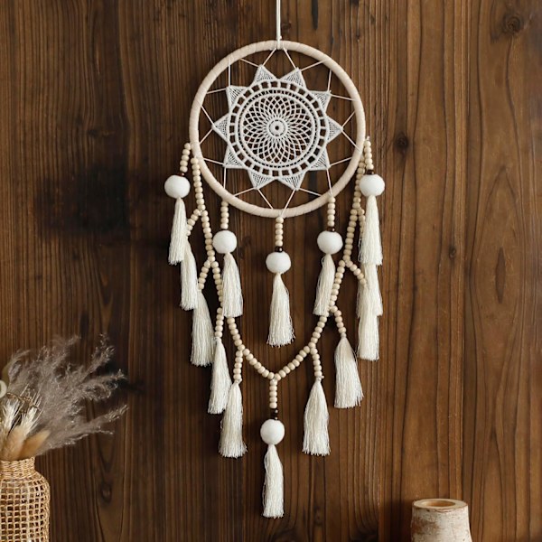 1 stk. Macrame Drømmefanger Vægdekoration med Pomponer Stor Hvid Drømmefanger Træperler Boho Vægophæng, Håndlavet Ta{hh}