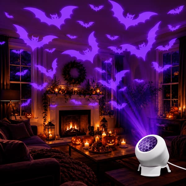 Dynamisk fladdermusprojektorlampa USB-driven 360 roterbar projicerar lila fladdermusväggmönster för sovrum vardagsrum skräckfester Halloween-dekor Bat