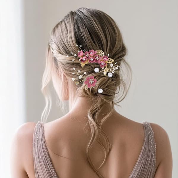 Bryllupshårtilbehør 4-delt sæt Elegant blomsterhårnåle til brud brudepiger kvinder piger rosenrød
