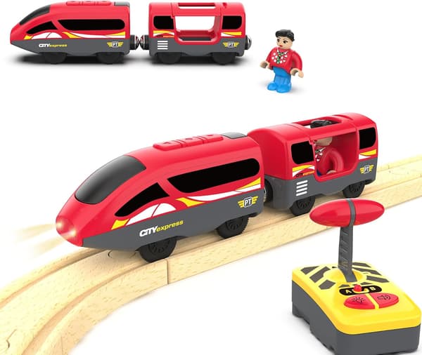 Motorized Train for Wooden Railway, Remote Control Train with Magnetic Coupling, for Toddlers, Compatible with Thomas, Brio, Red