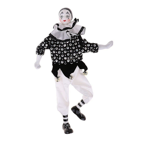 38 cm porslinsclowndocka klädd i vit och svart outfit, rolig harlekindocka, cirkusproffs