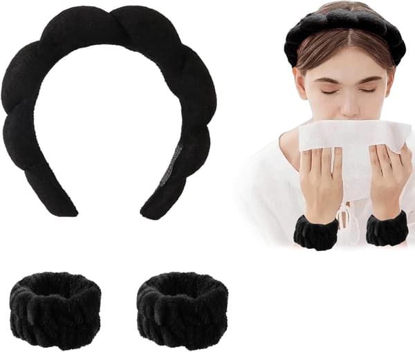 3-pak Hårbånd og armbånd til makeup og ansigtsvask, sort