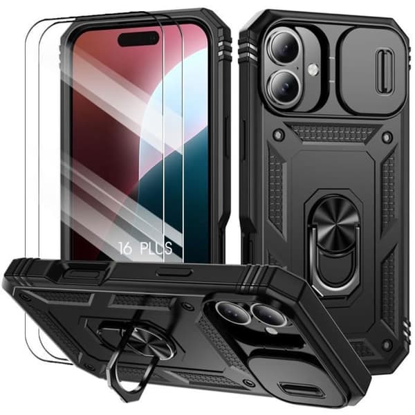 Case + 2 Tempered Glass for iPhone 16 Plus - Reinforced Shockproof Protection with Hard Scratch Protection for Camera - Black