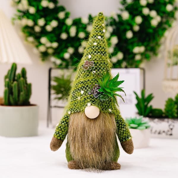 Juldekorativ stickad ansiktslös suckulentdocka - Kreativ grön växtdvärg Rudolph-docka (White Beard)