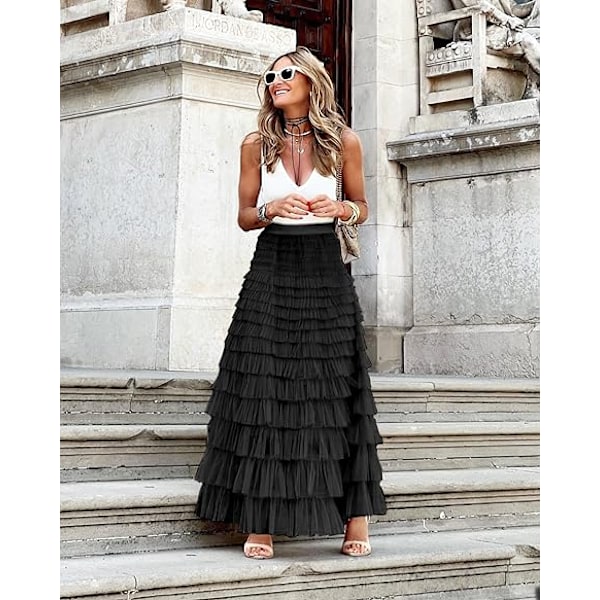 Lang Maxi Tulle Skjørt Dame A-Linje Ruffle Mesh Højtaljet Skørter Underkjole Sort Black S