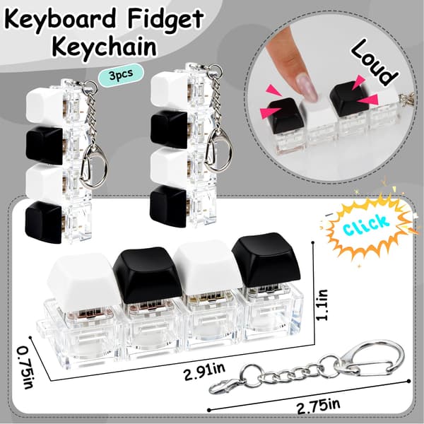 Keyboard Fidget Nyckelring, 3-pack 4-i-1 Clicker, Fingerdekompression, Stresslindring, Alla hjärtans dag-present, Bärbar Tyst, Barn Kvinnor Black White