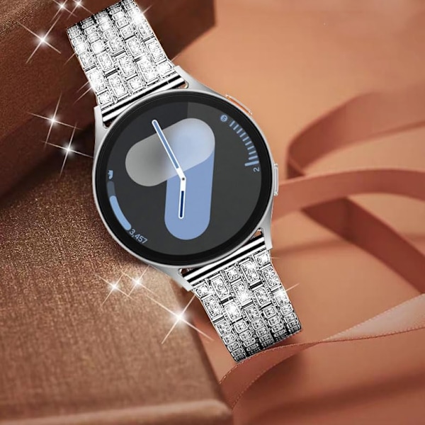 Rem til Samsung Galaxy Watch 7/6/5/4 20mm Bling Diamant Metal Udskiftningsrem til Kvinder og Mænd Silver