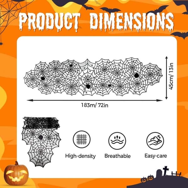 Table Runner - 45*183cm Halloween Table Runner - Black Lace Spiderweb, Polyester - Reusable Party Supplies