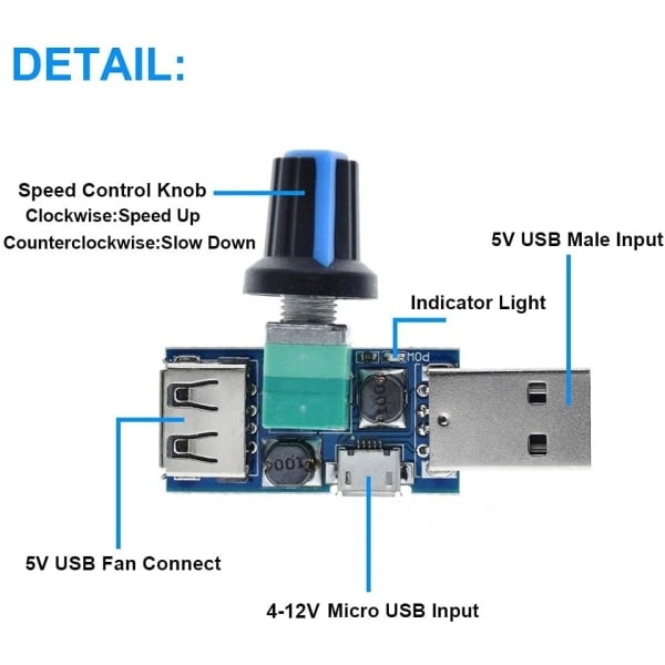 3 stk. 5W USB Viftehastighetskontroller Trinnløs USB Viftehastighetskontroller DC 5V DC 4-12V til 2.5-8V Regulator Hastighetskontrollknapp