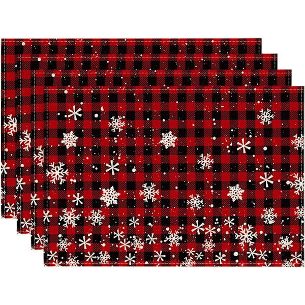 Punainen ja musta ruudullinen joulupöytäliina ruokapöydille, 30 x 45 cm, talvikauden joulu lumihiutaleet, 4 kpl