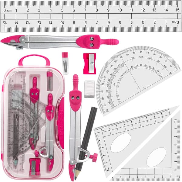 Geometrisæt til tegning, passer, linealer, vinkelmåler, til studerende, pink
