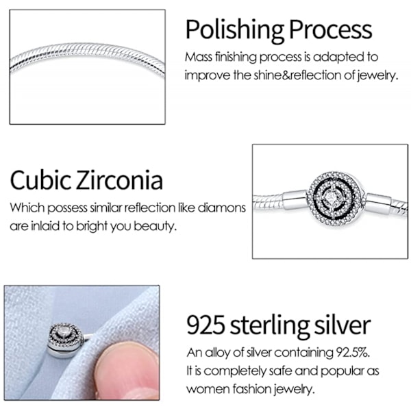 AVEKI 925 Sterling Silver Ormkedjearmband Fullt Kompatibelt med Pandora Berlocker, Sött Kloarmband med Blankt Runt Spänne Berlock Transparent CZ