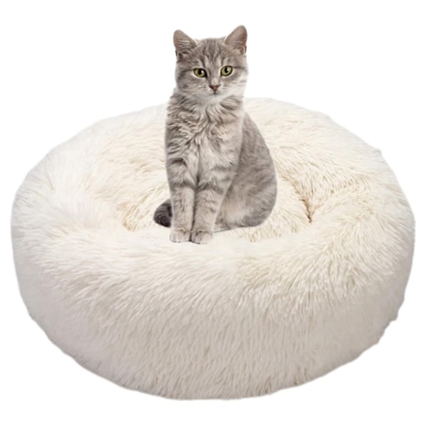 Soft Round Dog and Cat Bed - Soothing Anti-Stress Plush Cat and Dog Pillow, Donut Comfortable Washable Bed for Cats and Small Medium Dogs (White)