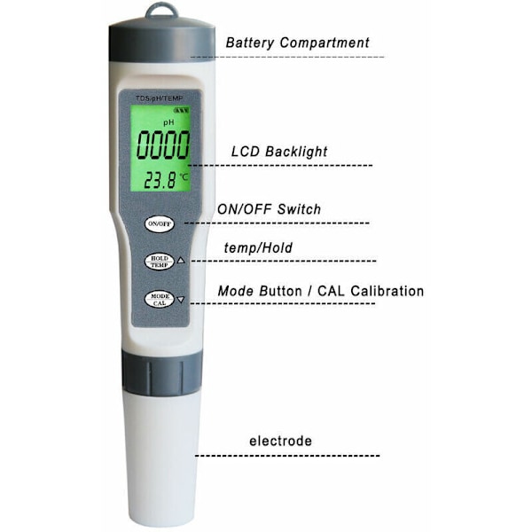 PH-mätare, 3-i-1 elektronisk PH-mätare för pool, TDS-mätare temperatur, vattenkvalitetsmätare med LCD-display och läsnoggrannhet