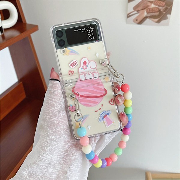 Transparent deksel kompatibelt med Samsung Galaxy Z Flip 3, tegneseriebjørnkanin hard PC-deksel med håndleddsstropp{HH}