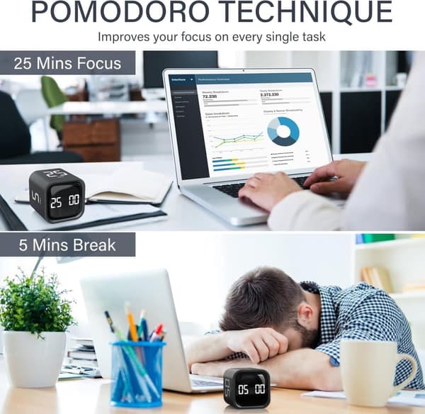 Pomodoro Timer 25/5/10 Min Bordstimer Vibration Lydstyrke Justerbar Produktivitetsur Black