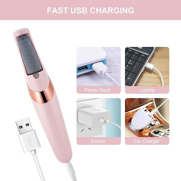 Elektrisk fodfil, USB genopladelig vandtæt hård hudfjerner til fødder med 2 ruller, 2 hastigheder, LED-lys, professionel (pink)
