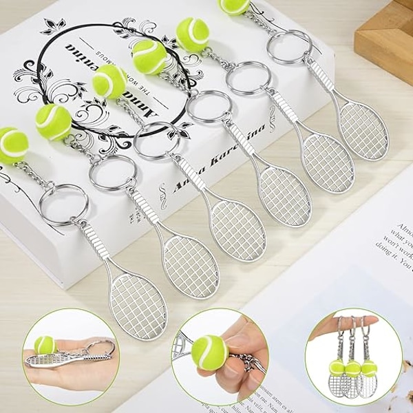 12 stk. sportstennis-nøkkelringer, mini tennisracket i metall