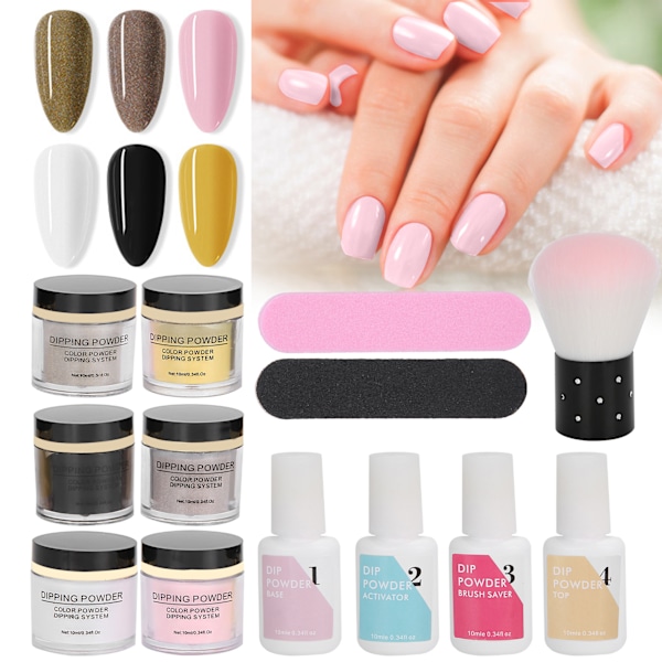 Nageldippningspulver Set Nagelkonst Pulver Topp Baslack Gel Dammborste Manikyrverktyg SetK1215