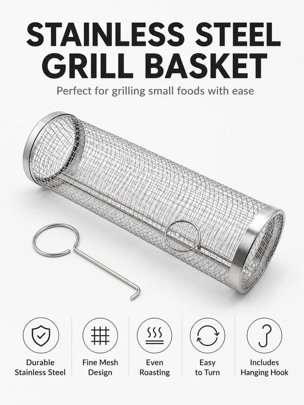 BBQ-grillkurv i rustfrit stål, rullende grillbur med krog, 30 cm 30cm