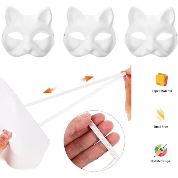 3 stk. Hvite Kattemasker Blank DIY Halloween Masker Dyre Halvmasker Maskerade Cosplay Party