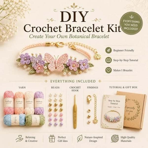 Hæklet armbånd DIY-sæt Botanisk stil smykker til begyndere Rustikt håndværk Maple Leaf Bracelet Material Kit