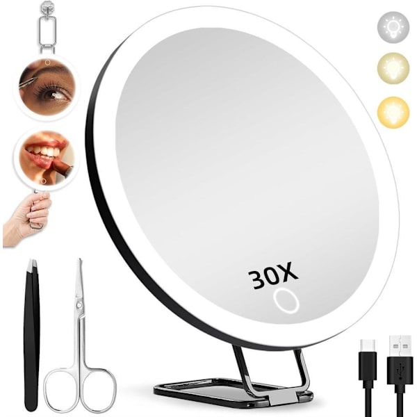 30x Magnifying Mirror with Extra Large Rechargeable, Dimmable Makeup Mirror with 360° Table Stand