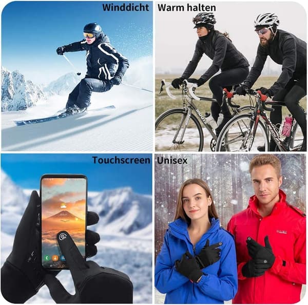 Vandtætte touchscreen-sportshandsker til mænd og kvinder, sorte, til vintercykling, løb og skiløb