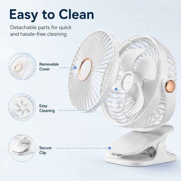 Bærbar Clipventilator, 5-trins Mini Bordventilator med Klips, Stativ og Ophængsdesign, 720° Rotation til Hjem, Kontor og Rejser White