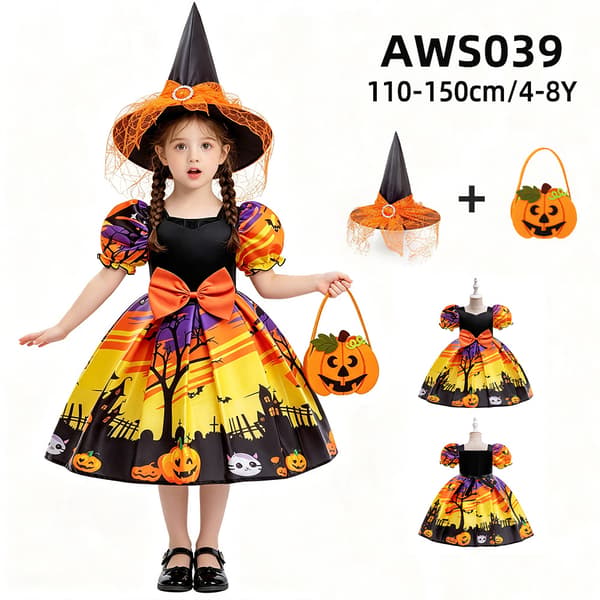 Flickor Blommig Klänning Halloween Kostym för Barnkalas Prinsessa WS060-Black Orange 140cm/7Y