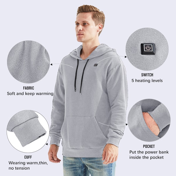 Lämmitetty huppari akulla 7.4V miehille, harmaa Grey 2XL