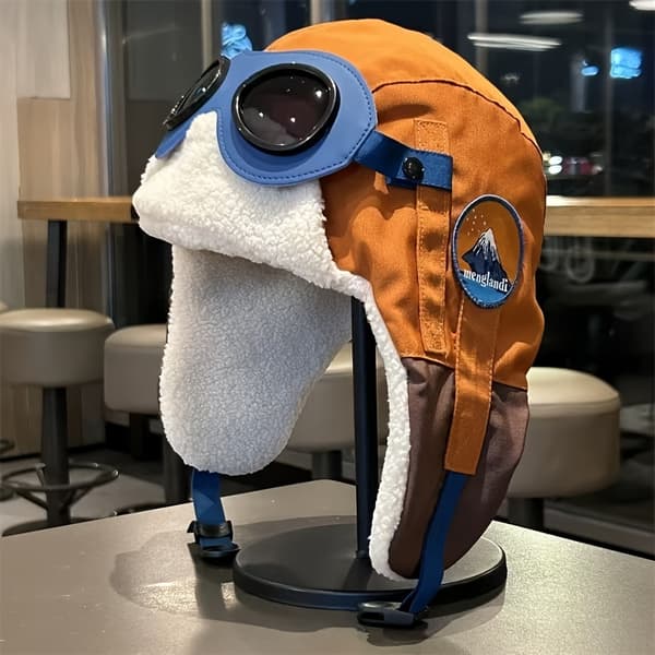 Vintermössa med skyddsglasögon - Tjockt foder, Öronlapps-bombermössa för skidåkning & cykling, Vindtät & Varm Blue (hat Circumference 56-59cm)