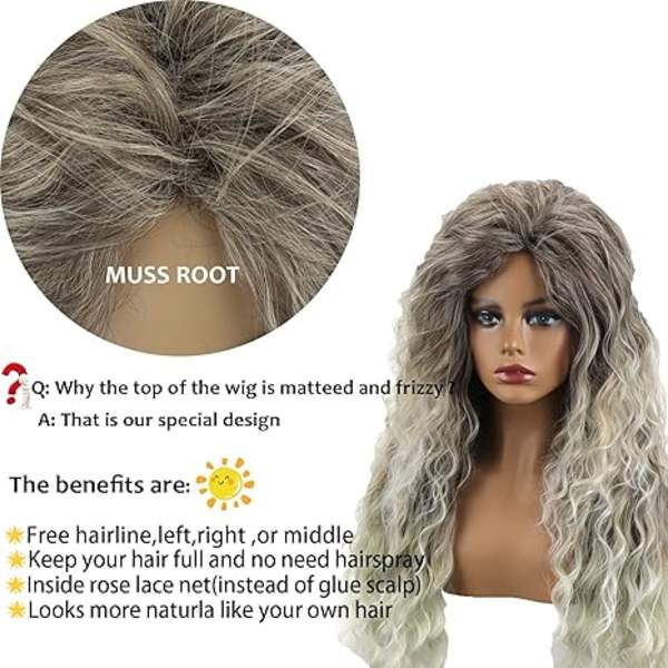Lång lockig vågig peruk grå blond kvinnlig blandad blond lockig peruk