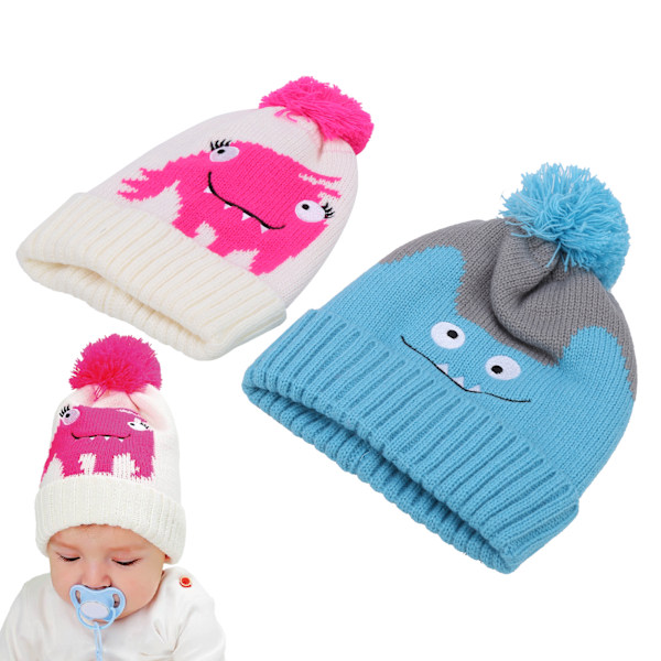 Pcs Baby Hat Strikket Fancy Monster Mønster Beanie Vinter Varmt Tilbehør Blå+Hvid 0.4