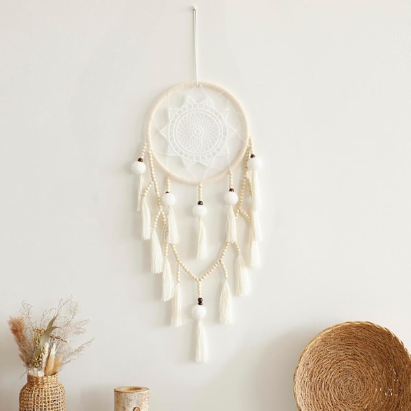 1 stk. Macrame Drømmefanger Vægdekoration med Pomponer Stor Hvid Drømmefanger Træperler Boho Vægophæng, Håndlavet Ta{hh}