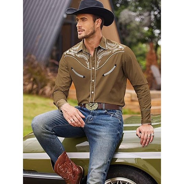 Cowboy skjorte til mænd, afslappet langærmet skjorte med knapper, brun{HH} brown L