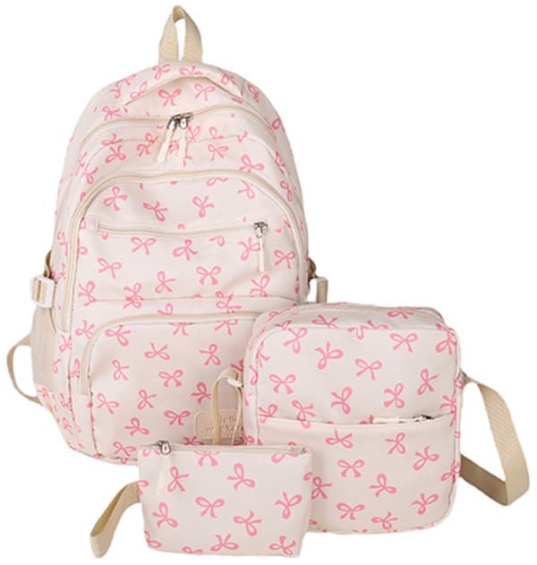 Printed Backpack for Girls - Student Backpack - Cute Bow Backpack Three-Piece Set - Suitable for Travel, School, and Business Trips (Pink)