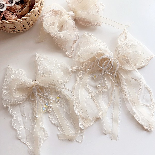 Ny retro fransk spetsrosett femstjärnig pärlförsedd tofsar söt superfe-rosett hårklämma hårprydnader huvudbonad Small flower ribbon