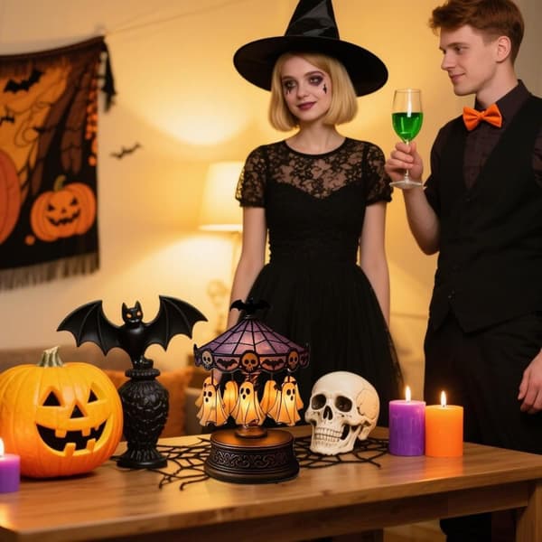 Halloween Ghost Carousel Lights, USB Rechargeable Floating Ghost Night Light, Spooky for Bedroom, Table Lamp