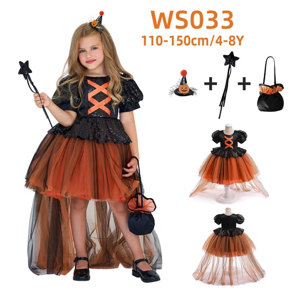 Flickor Blomtryck Halloween Cosplay Klänning Barn Fest Prinsessdräkt AWS032-Black Orange 170cm